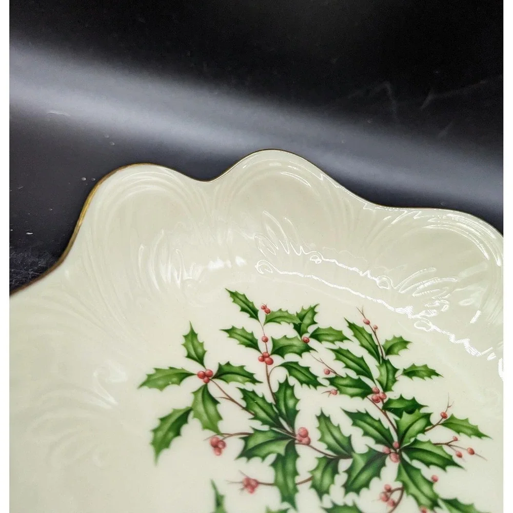 Vintage Lenox Christmas Holiday Holly Berry Square Candy Nut Bowl 7